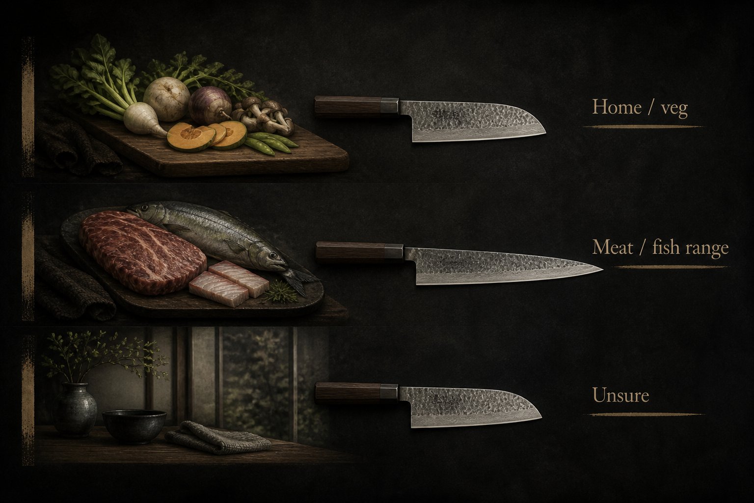 Editorial decision guide: home/veg lean Santoku, meat/fish lean Gyuto, unsure lean Santoku