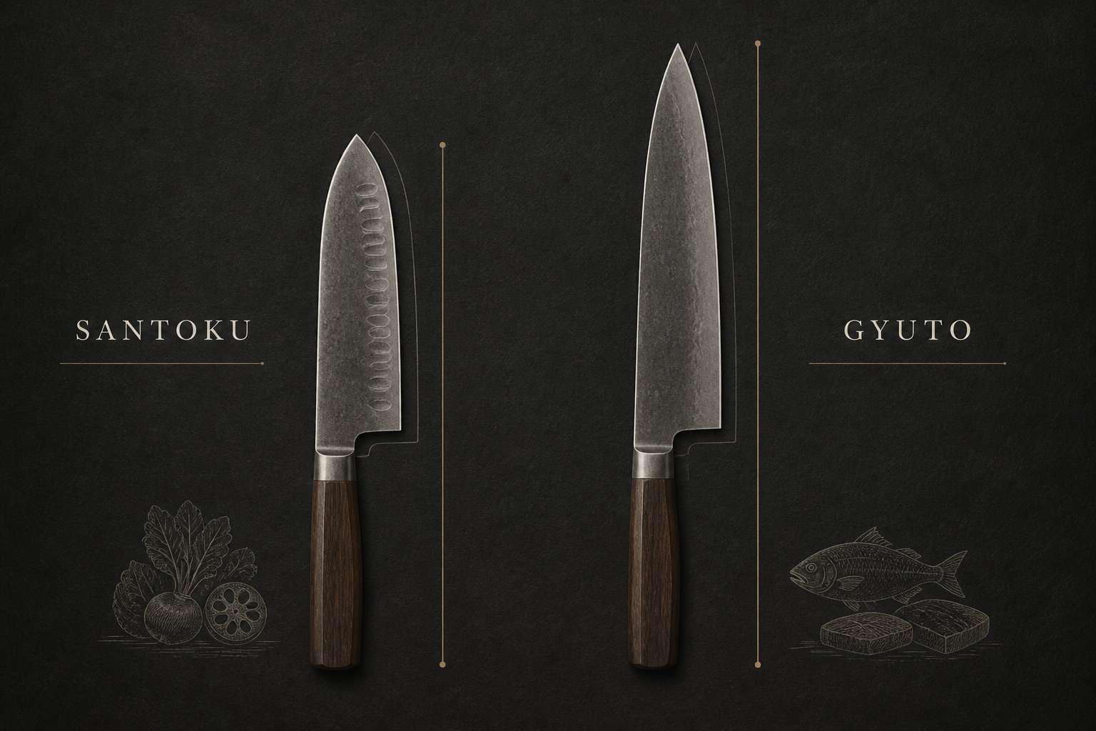 Editorial comparison of Santoku and Gyuto blade shapes with vegetable vs meat/fish cues