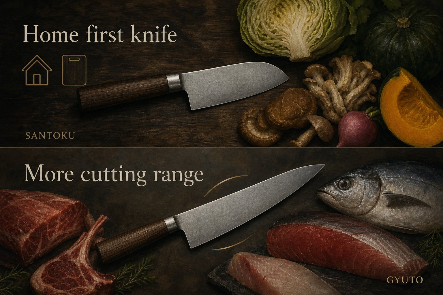 Editorial illustration: Santoku with home/vegetable cues vs Gyuto with meat/fish range — charcoal craft tone, not a product photograph