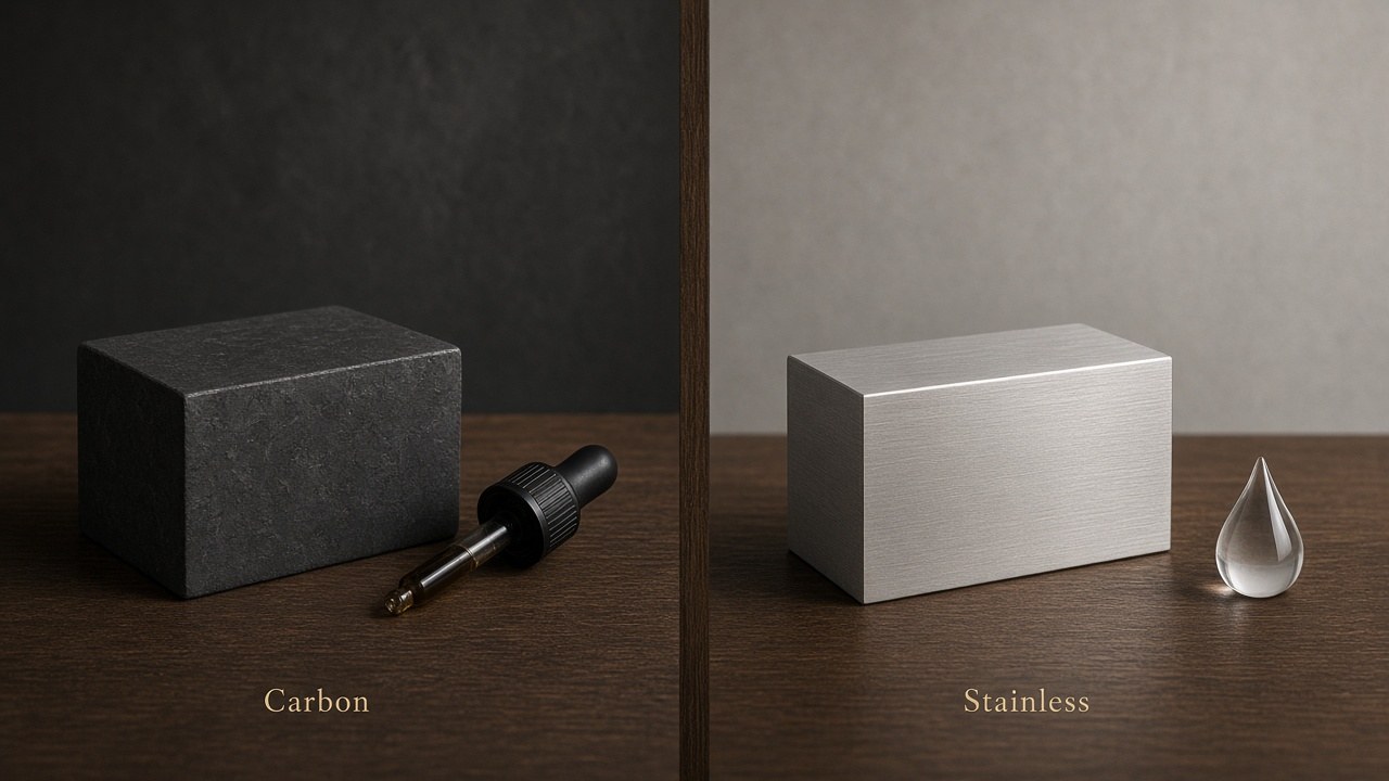 Editorial still-life: carbon steel sample with oil care cue vs stainless sample with water-care caution