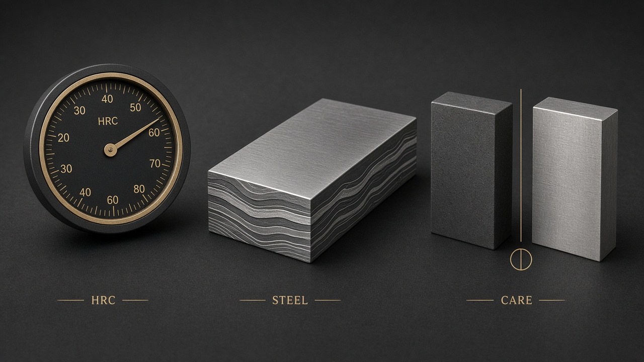 Editorial illustration: Rockwell C dial, steel-name card reading VG10, and carbon vs stainless care icons — charcoal craft tone, not a product photograph