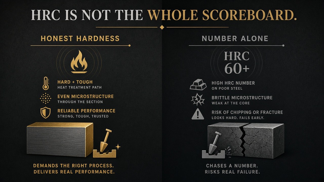 Editorial comparison: honest hardness from proper heat treatment versus chasing an HRC number alone