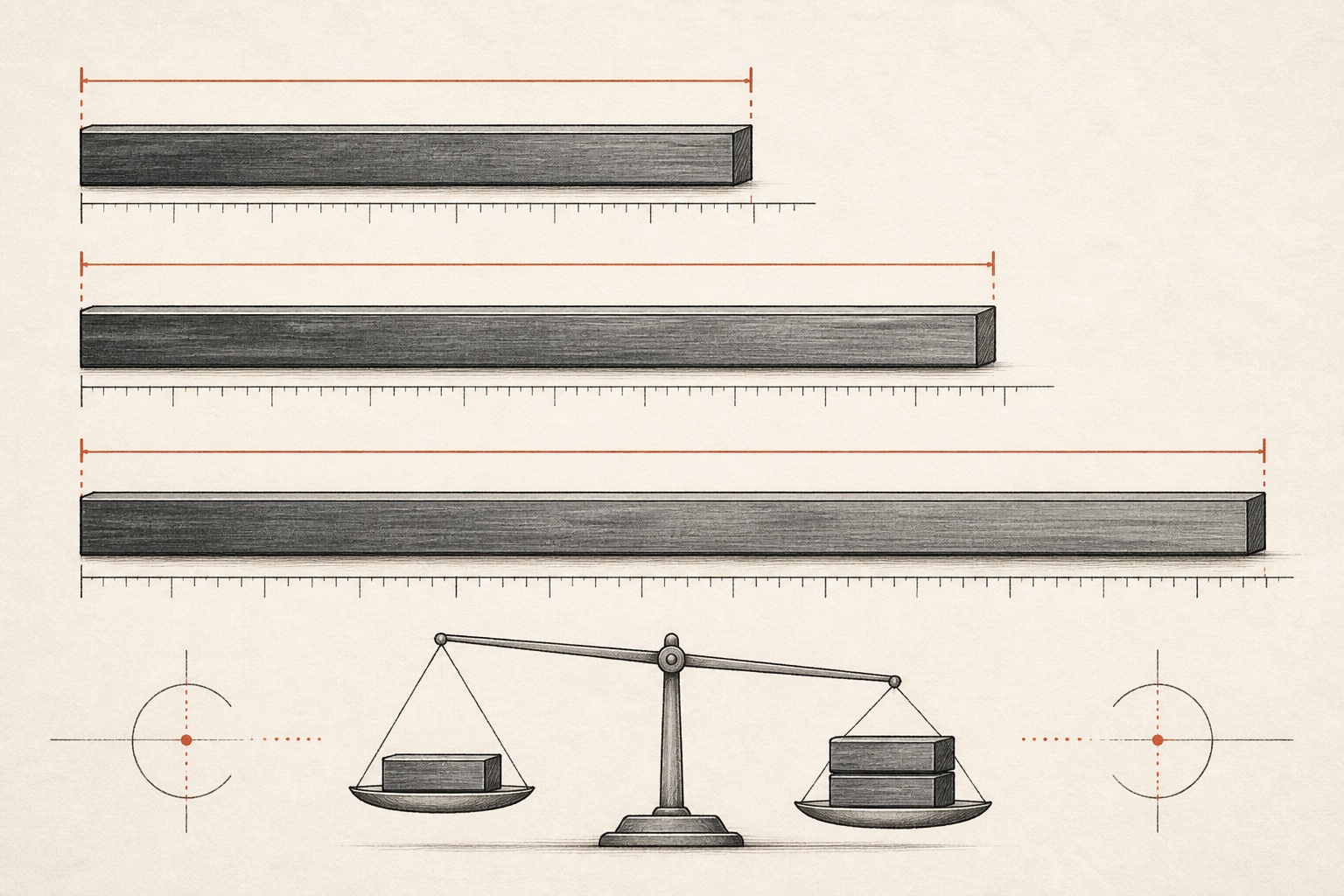 Abstract steel bars with measurement lines and a balance scale representing length and weight specifications