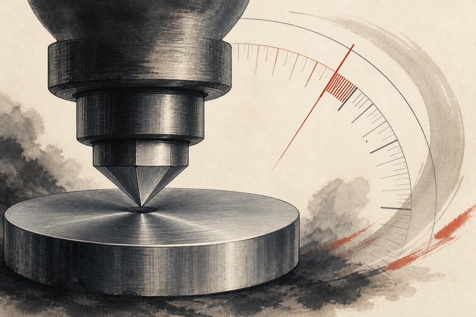 Editorial Rockwell hardness test with an indenter pressing into a polished steel sample