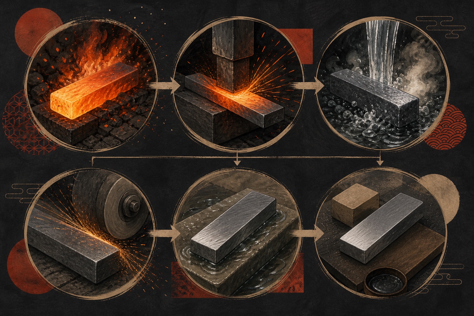 Editorial illustration of six connected metalworking stages, from heating and shaping through cooling, grinding, polishing, and finishing