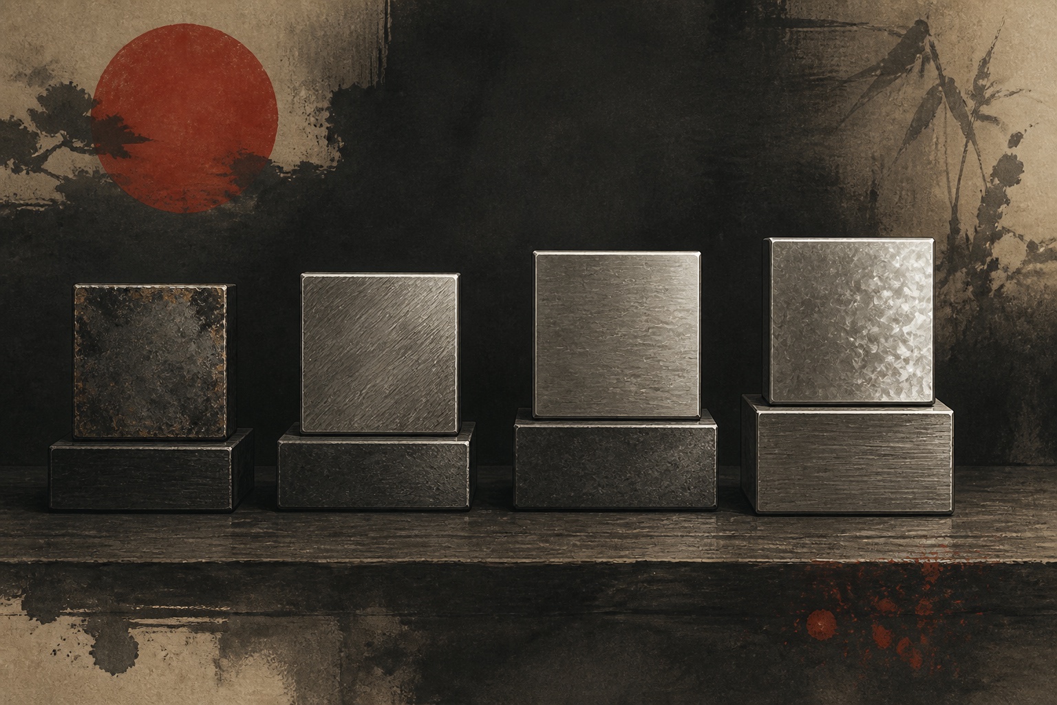 Four steel samples arranged in ascending tiers as an abstract lineup comparison