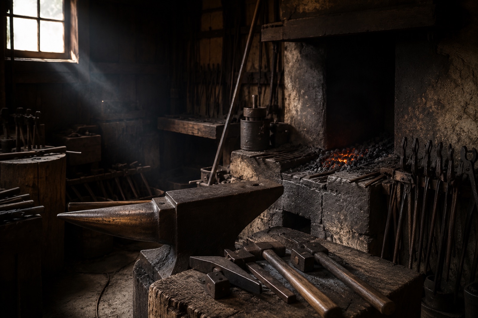 A quiet traditional Japanese forge workshop with hand tools laid out, lit by a single window
