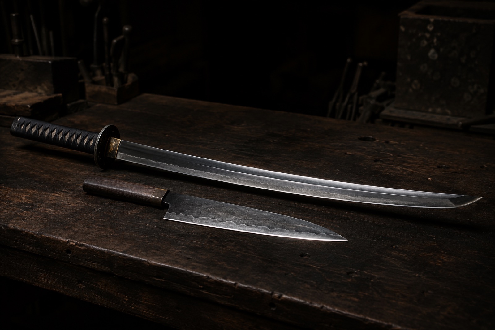 A samurai sword and a Japanese kitchen knife laid side by side on a dark forge table, their blade curves echoing each other