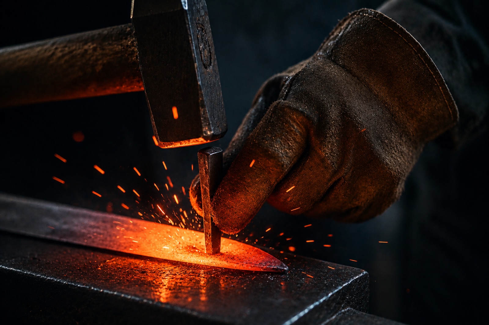 Close-up of a hand-stamped maker's mark being punched into hot metal, sparks visible