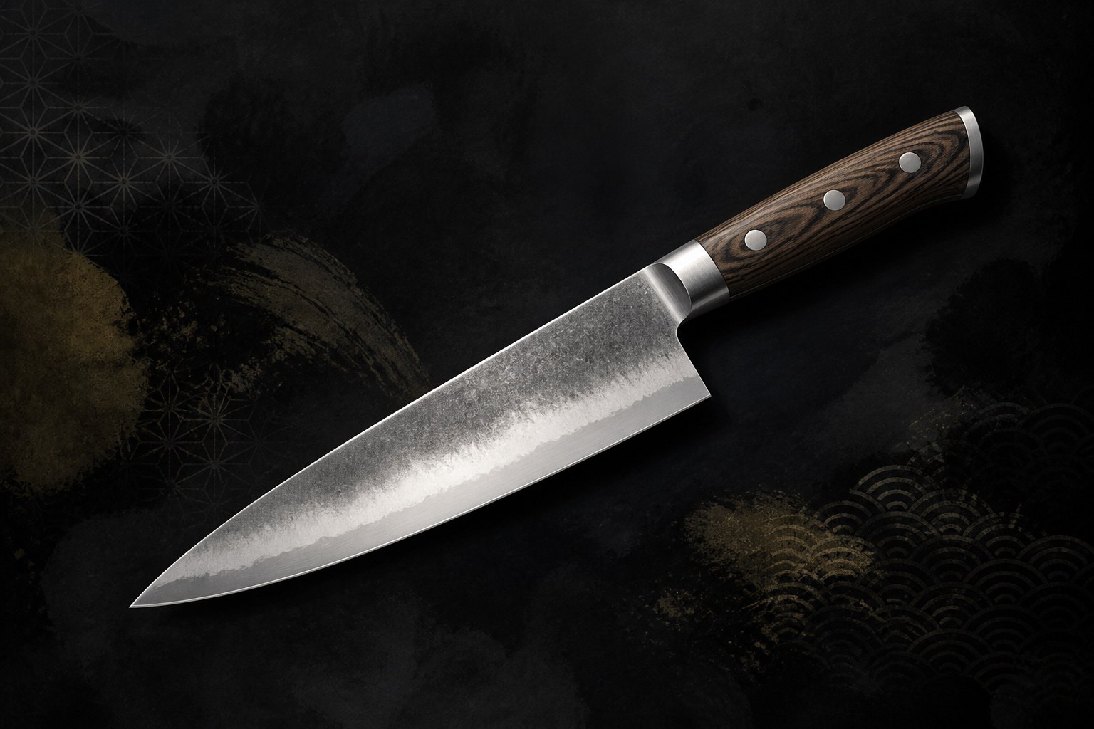 Editorial illustration of a gyuto chef knife silhouette with layered steel and bolster construction cues — not a product photograph