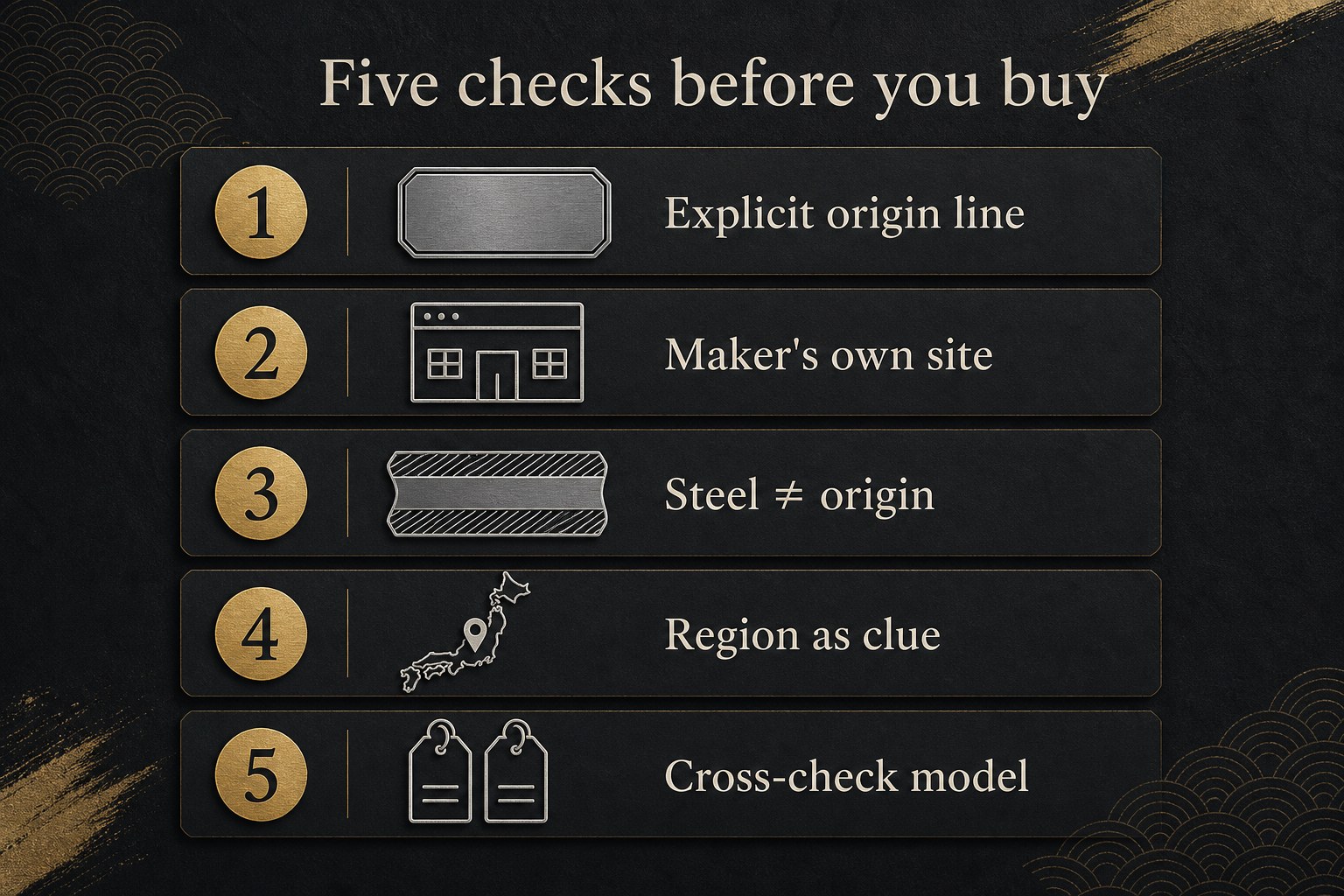 Editorial five-check list: origin line, maker site, steel vs origin, region clue, model cross-check