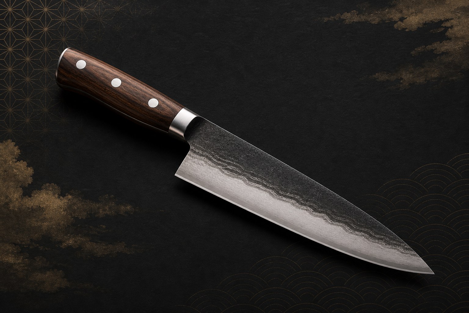 Editorial illustration of a gyuto on charcoal with silver blade and walnut handle — not a product photograph