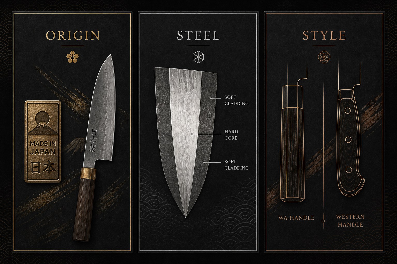 Editorial three-panel diagram: Origin (Made in Japan), Steel (laminate cross-section), Style (wa-handle vs western handle)