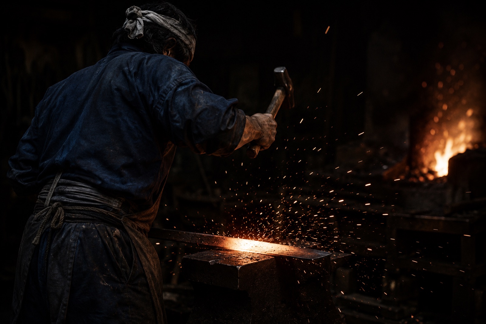 A Japanese blacksmith hammering a glowing blade in a traditional forge