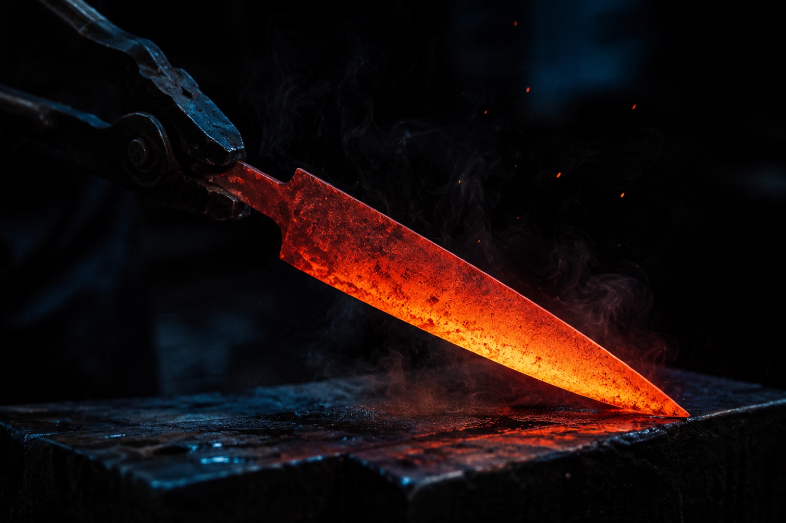 A glowing blade being heat-treated with tongs in a dark forge