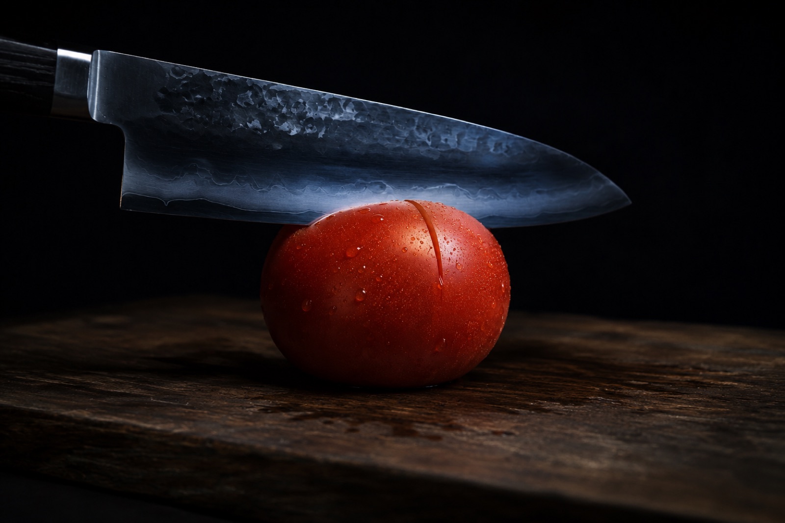 A Japanese gyuto chef's knife beside a ripe tomato sliced into thin, even rounds on a dark board
